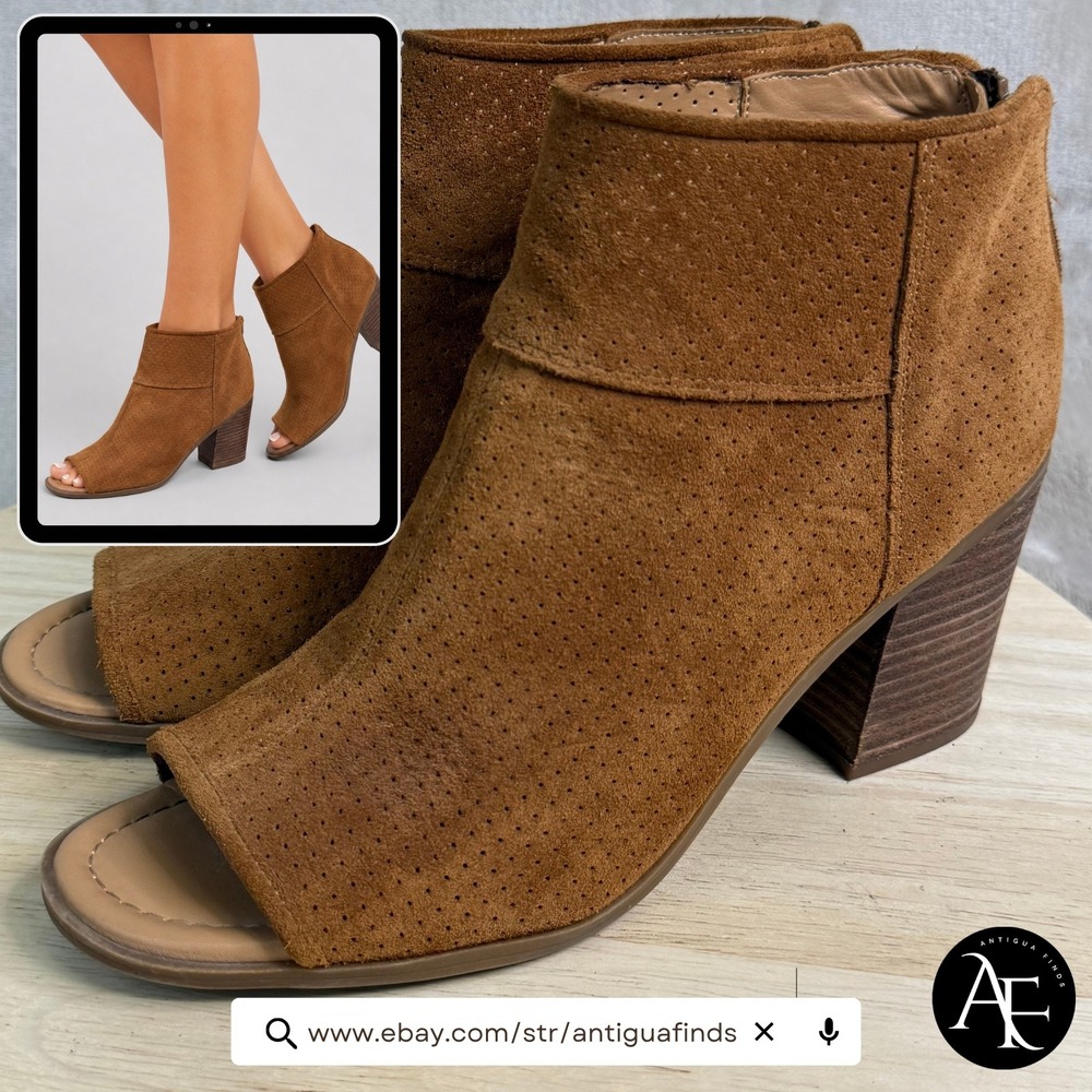Franco Sarto Goldie Cognac Brwn Suede Peep Toe Perforated Block Heel Booties 10M